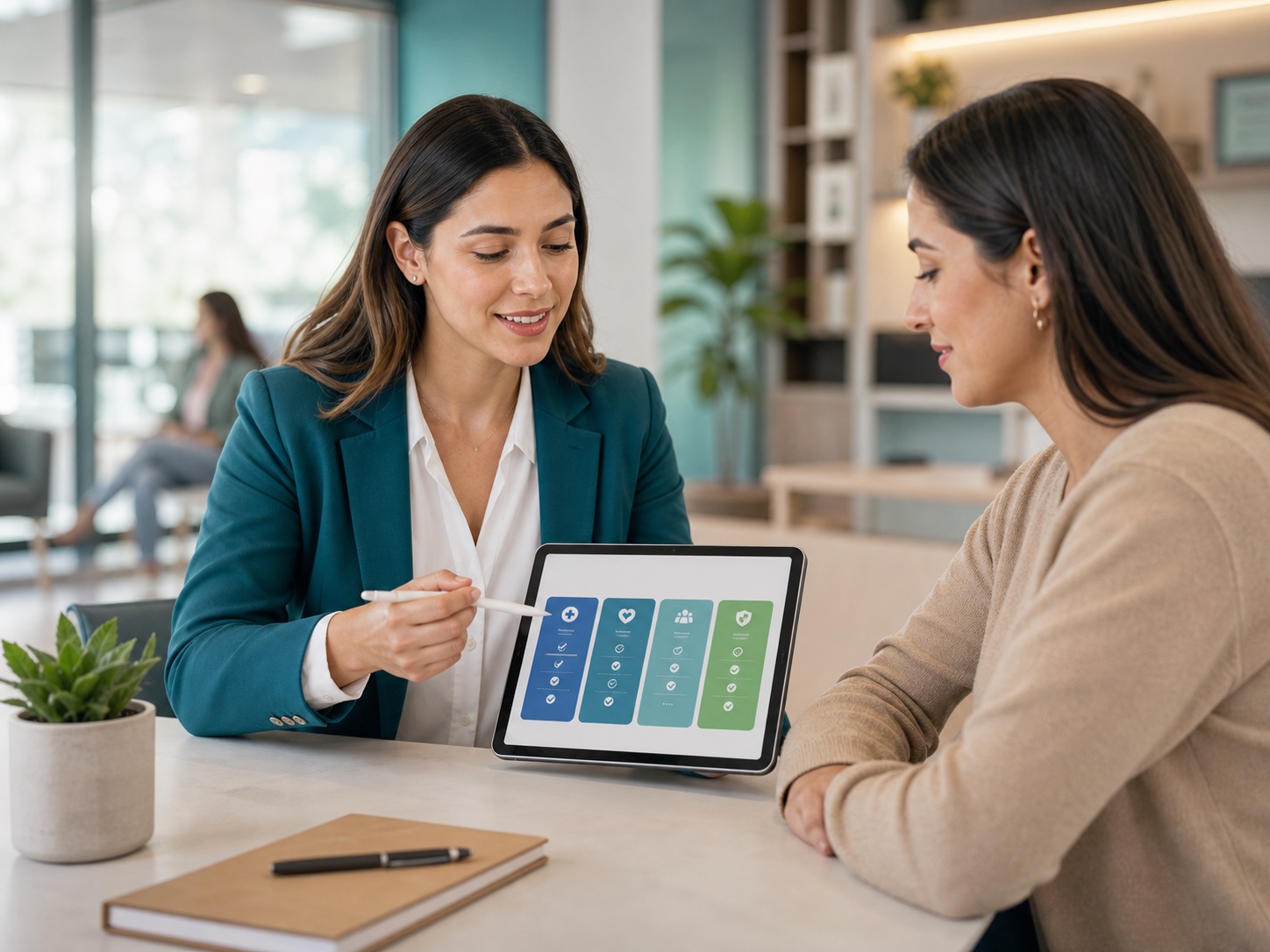 Asesora revisando alternativas de plan de salud en una tablet